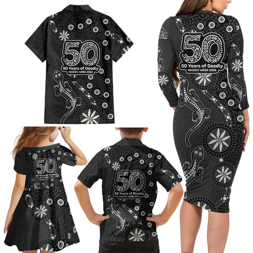 Penrith Panthers NAIDOC Week 2026 Family Matching Long Sleeve Bodycon Dress and Hawaiian Shirt Aboriginal Lizard Dot Painting - 50 Years of Deadly