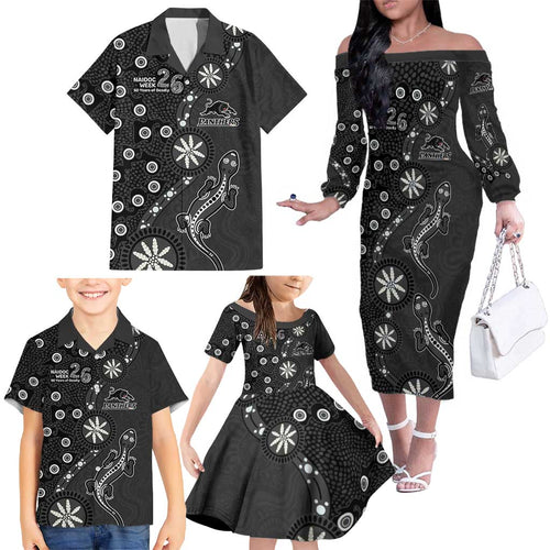 Penrith Panthers NAIDOC Week 2026 Family Matching Off The Shoulder Long Sleeve Dress and Hawaiian Shirt Aboriginal Lizard Dot Painting - 50 Years of Deadly