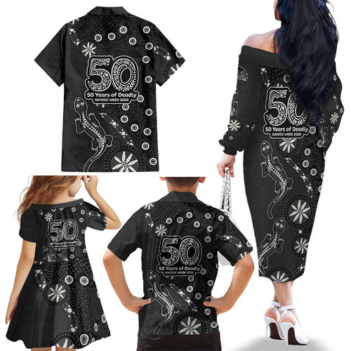 Penrith Panthers NAIDOC Week 2026 Family Matching Off The Shoulder Long Sleeve Dress and Hawaiian Shirt Aboriginal Lizard Dot Painting - 50 Years of Deadly