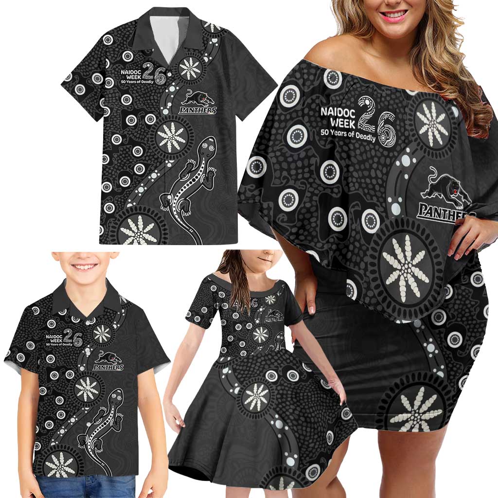 Penrith Panthers NAIDOC Week 2026 Family Matching Off Shoulder Short Dress and Hawaiian Shirt Aboriginal Lizard Dot Painting - 50 Years of Deadly