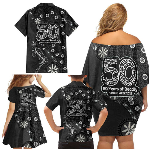 Penrith Panthers NAIDOC Week 2026 Family Matching Off Shoulder Short Dress and Hawaiian Shirt Aboriginal Lizard Dot Painting - 50 Years of Deadly