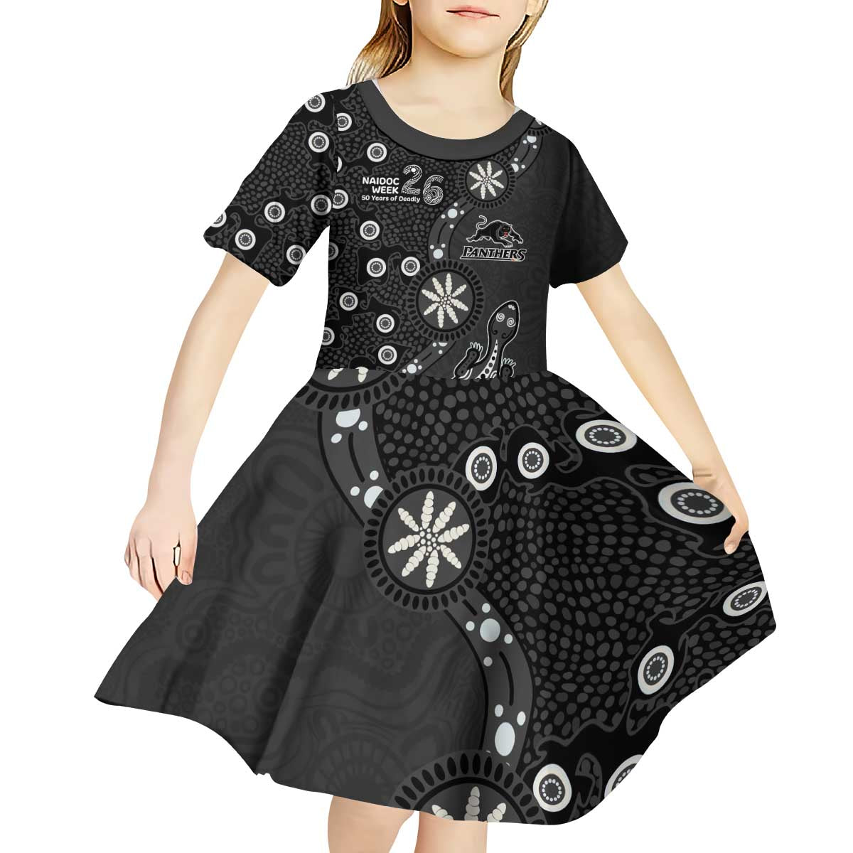 Penrith Panthers NAIDOC Week 2026 Kid Short Sleeve Dress Aboriginal Lizard Dot Painting - 50 Years of Deadly