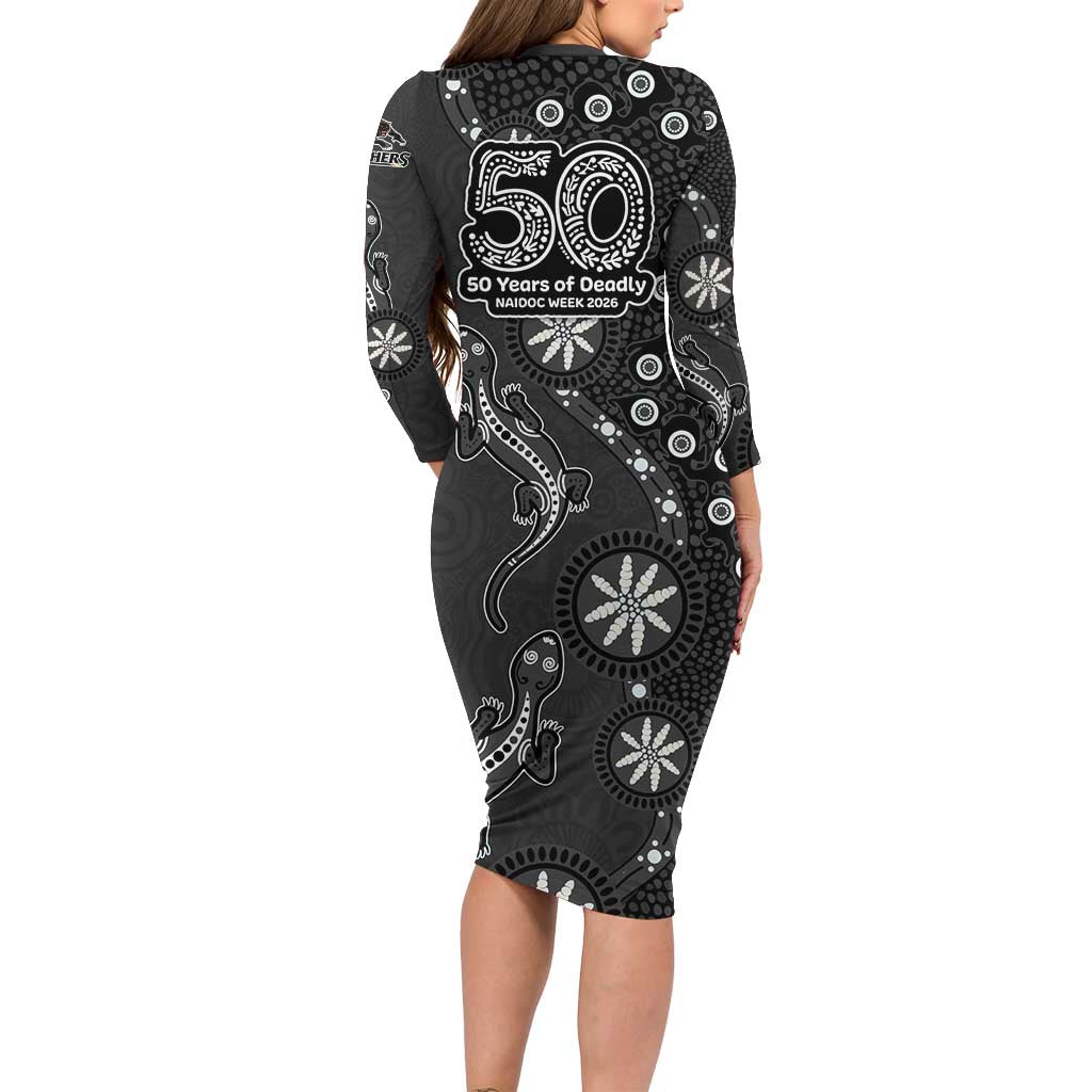 Penrith Panthers NAIDOC Week 2026 Long Sleeve Bodycon Dress Aboriginal Lizard Dot Painting - 50 Years of Deadly