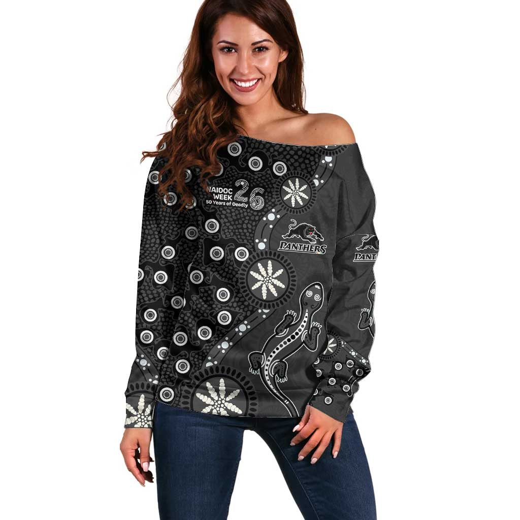 Penrith Panthers NAIDOC Week 2026 Off Shoulder Sweater Aboriginal Lizard Dot Painting - 50 Years of Deadly
