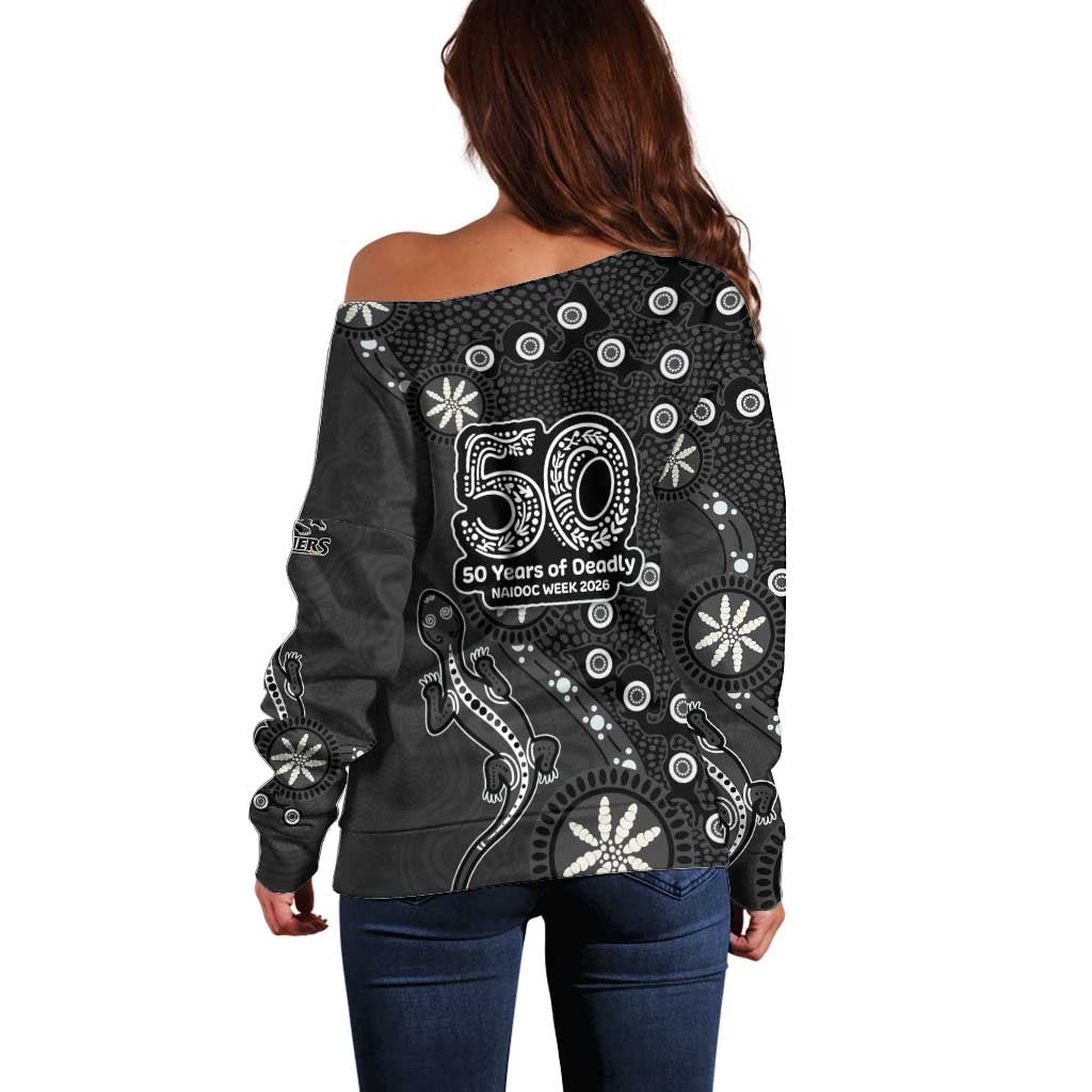 Penrith Panthers NAIDOC Week 2026 Off Shoulder Sweater Aboriginal Lizard Dot Painting - 50 Years of Deadly