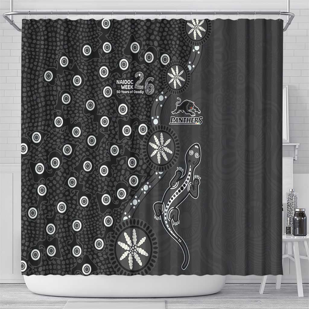 Penrith Panthers NAIDOC Week 2026 Shower Curtain Aboriginal Lizard Dot Painting - 50 Years of Deadly