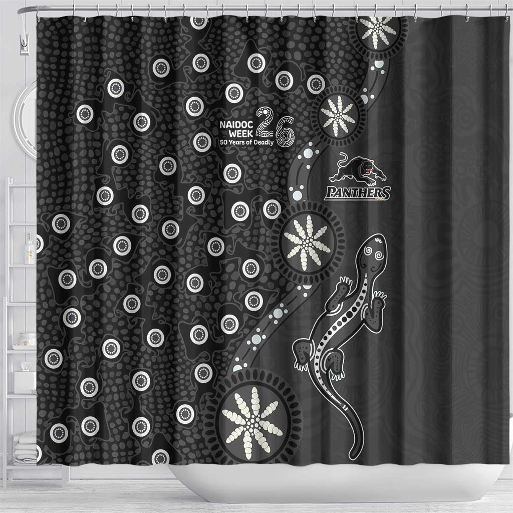 Penrith Panthers NAIDOC Week 2026 Shower Curtain Aboriginal Lizard Dot Painting - 50 Years of Deadly