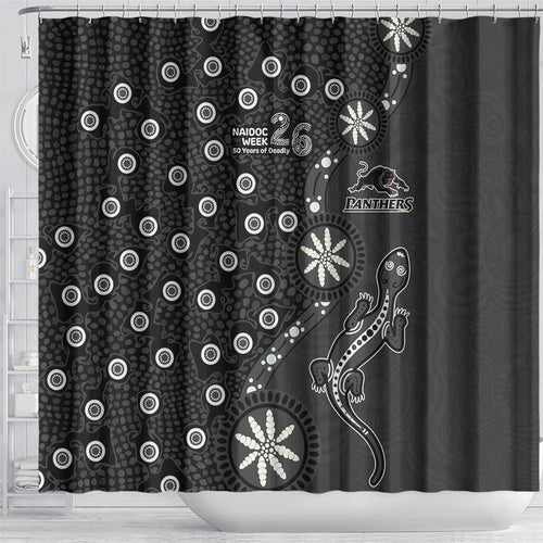Penrith Panthers NAIDOC Week 2026 Shower Curtain Aboriginal Lizard Dot Painting - 50 Years of Deadly