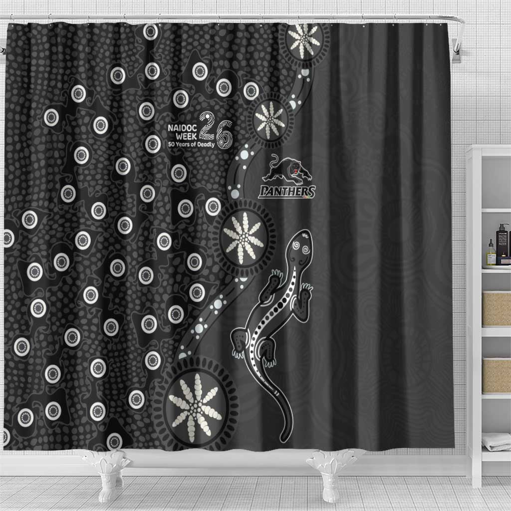 Penrith Panthers NAIDOC Week 2026 Shower Curtain Aboriginal Lizard Dot Painting - 50 Years of Deadly