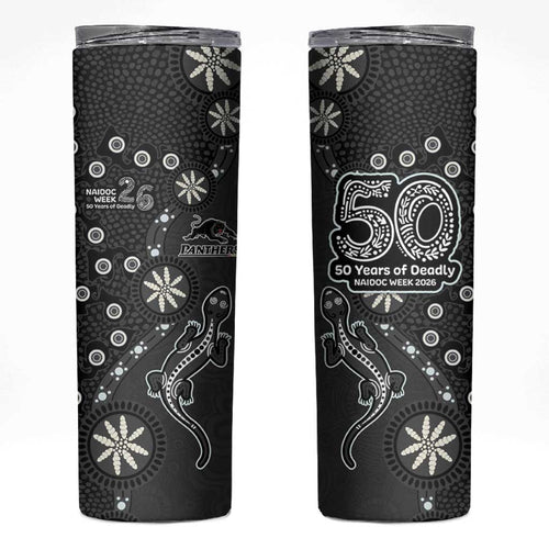 Penrith Panthers NAIDOC Week 2026 Skinny Tumbler Aboriginal Lizard Dot Painting - 50 Years of Deadly
