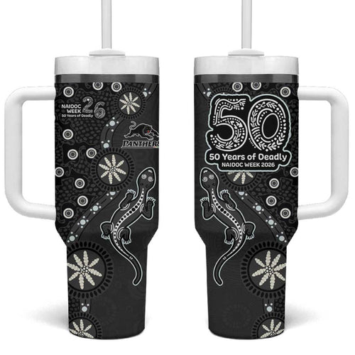 Penrith Panthers NAIDOC Week 2026 Tumbler With Handle Aboriginal Lizard Dot Painting - 50 Years of Deadly