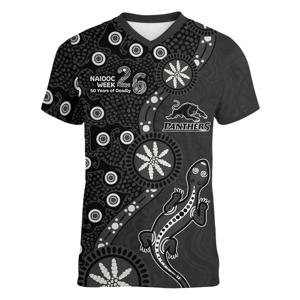 Penrith Panthers NAIDOC Week 2026 Women V-Neck T-Shirt Aboriginal Lizard Dot Painting - 50 Years of Deadly