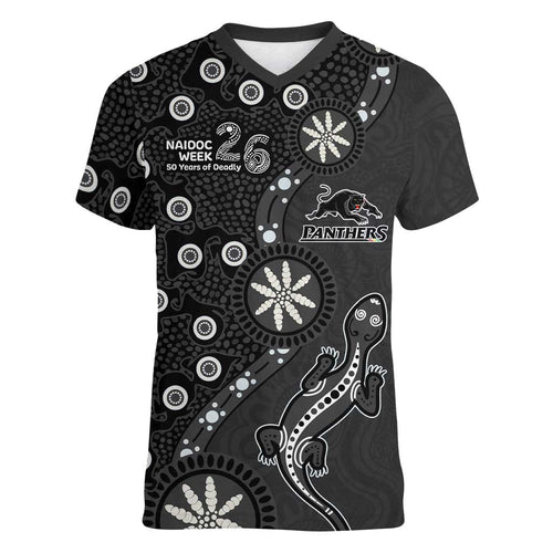 Penrith Panthers NAIDOC Week 2026 Women V-Neck T-Shirt Aboriginal Lizard Dot Painting - 50 Years of Deadly