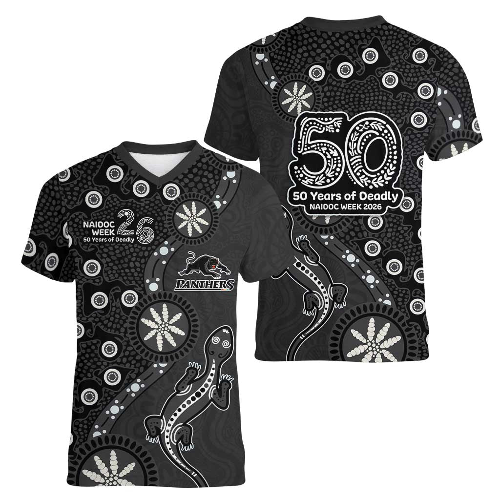 Penrith Panthers NAIDOC Week 2026 Women V-Neck T-Shirt Aboriginal Lizard Dot Painting - 50 Years of Deadly