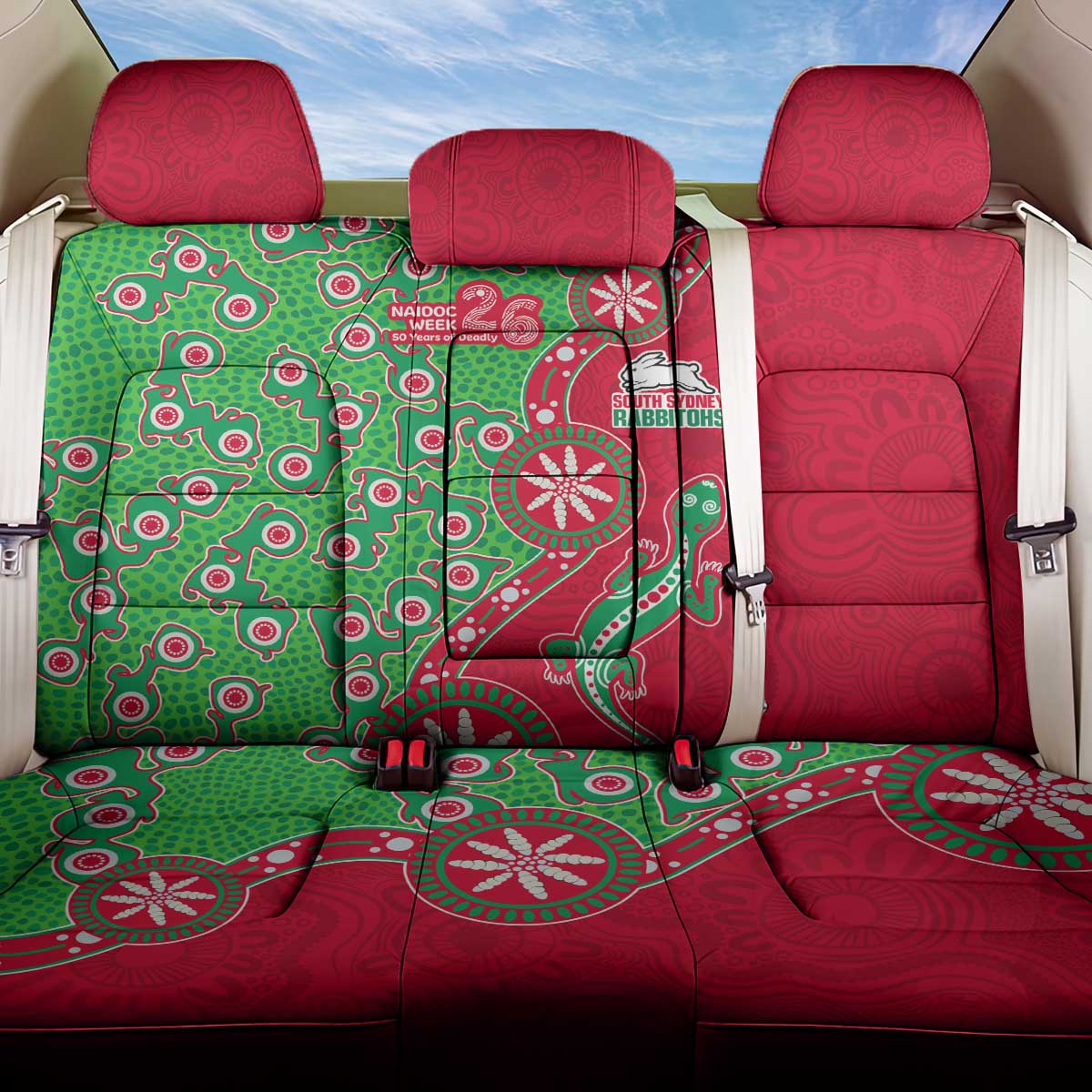 South Sydney Rabbitohs NAIDOC Week 2026 Back Car Seat Cover Aboriginal Lizard Dot Painting - 50 Years of Deadly