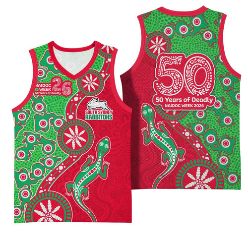 South Sydney Rabbitohs NAIDOC Week 2026 Basketball Jersey Aboriginal Lizard Dot Painting - 50 Years of Deadly