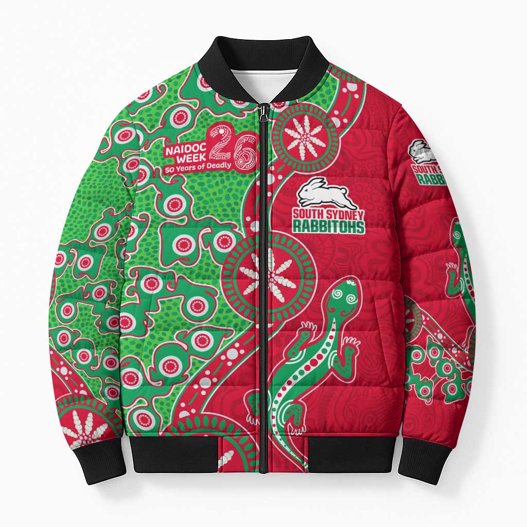 South Sydney Rabbitohs NAIDOC Week 2026 Bomber Puffer Jacket Aboriginal Lizard Dot Painting - 50 Years of Deadly