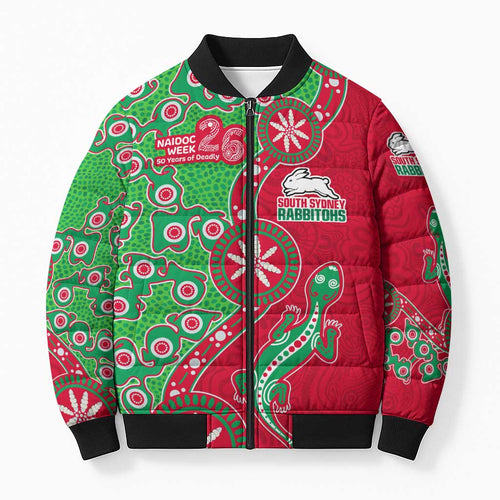 South Sydney Rabbitohs NAIDOC Week 2026 Bomber Puffer Jacket Aboriginal Lizard Dot Painting - 50 Years of Deadly
