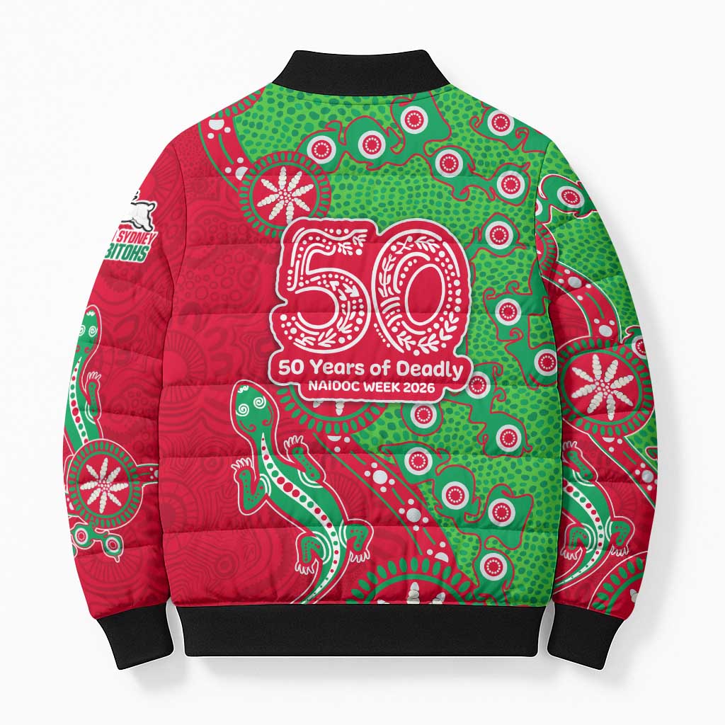 South Sydney Rabbitohs NAIDOC Week 2026 Bomber Puffer Jacket Aboriginal Lizard Dot Painting - 50 Years of Deadly
