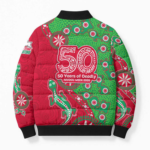 South Sydney Rabbitohs NAIDOC Week 2026 Bomber Puffer Jacket Aboriginal Lizard Dot Painting - 50 Years of Deadly