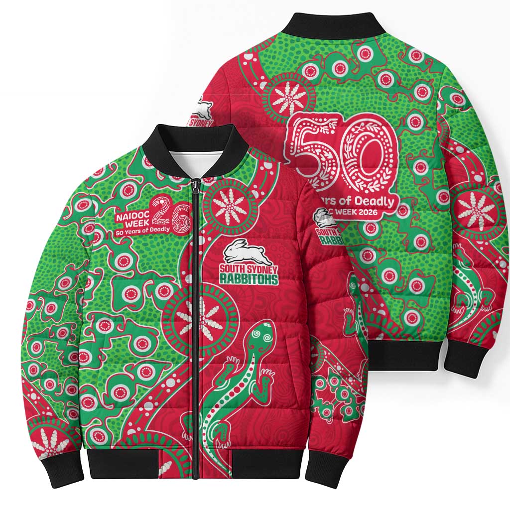 South Sydney Rabbitohs NAIDOC Week 2026 Bomber Puffer Jacket Aboriginal Lizard Dot Painting - 50 Years of Deadly
