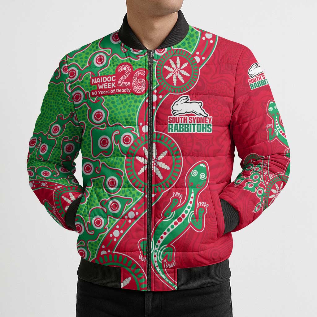 South Sydney Rabbitohs NAIDOC Week 2026 Bomber Puffer Jacket Aboriginal Lizard Dot Painting - 50 Years of Deadly