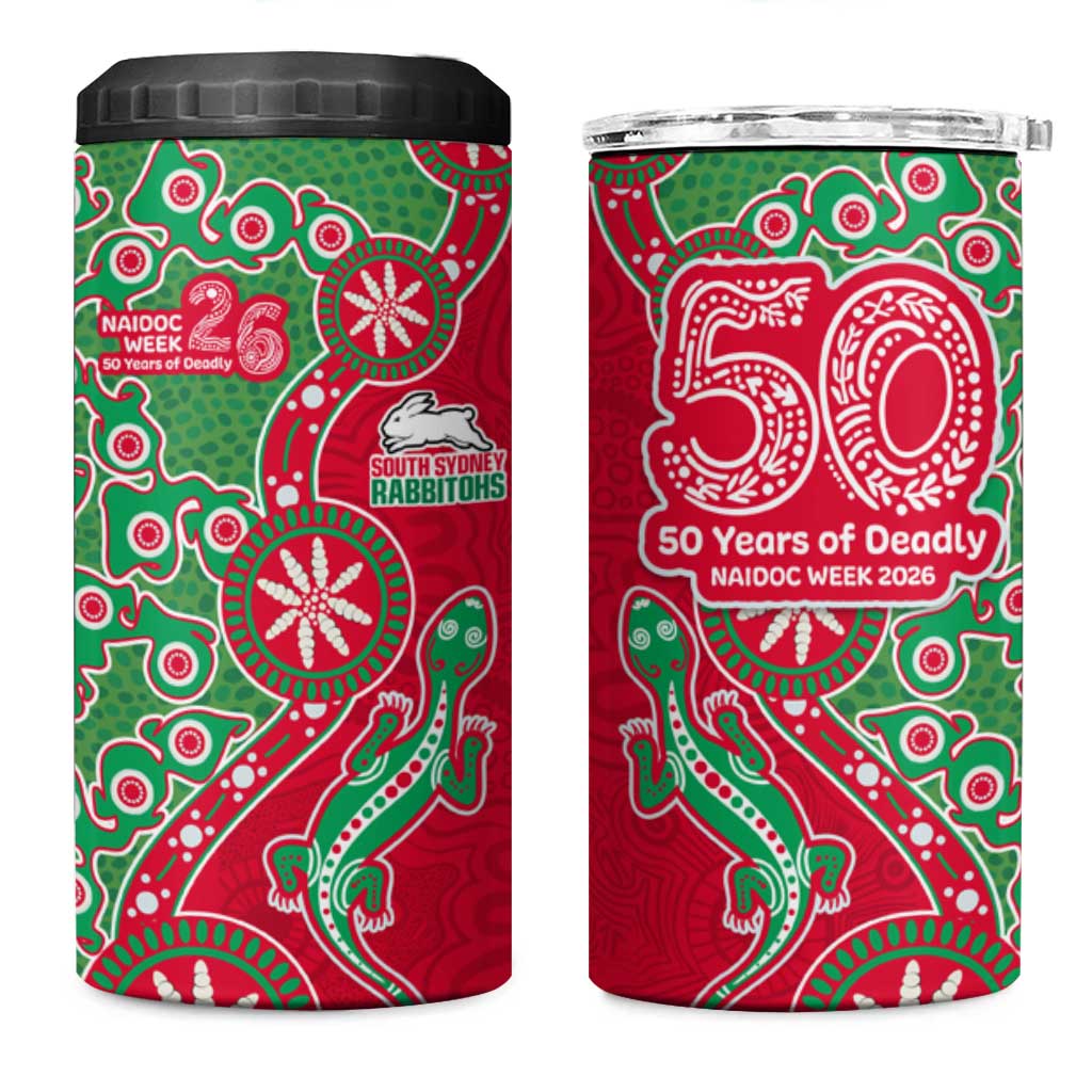 South Sydney Rabbitohs NAIDOC Week 2026 4 in 1 Can Cooler Tumbler Aboriginal Lizard Dot Painting - 50 Years of Deadly