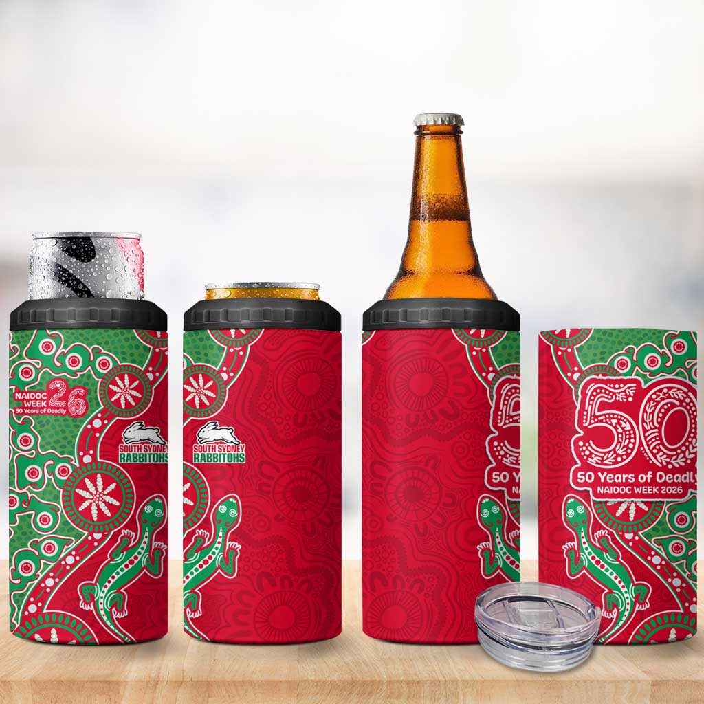 South Sydney Rabbitohs NAIDOC Week 2026 4 in 1 Can Cooler Tumbler Aboriginal Lizard Dot Painting - 50 Years of Deadly