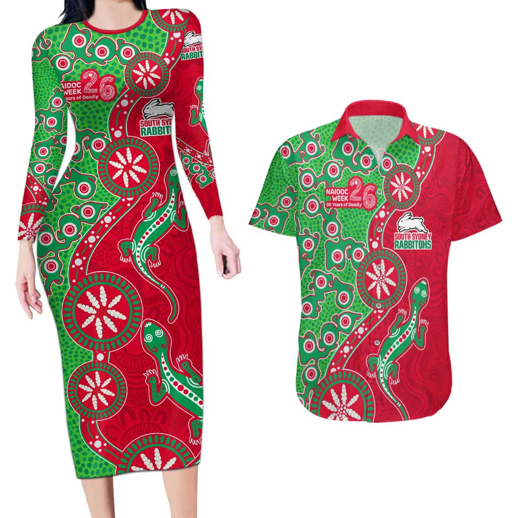 South Sydney Rabbitohs NAIDOC Week 2026 Couples Matching Long Sleeve Bodycon Dress and Hawaiian Shirt Aboriginal Lizard Dot Painting - 50 Years of Deadly