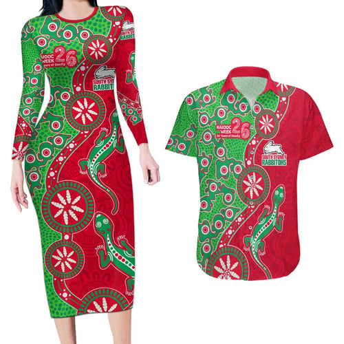 South Sydney Rabbitohs NAIDOC Week 2026 Couples Matching Long Sleeve Bodycon Dress and Hawaiian Shirt Aboriginal Lizard Dot Painting - 50 Years of Deadly