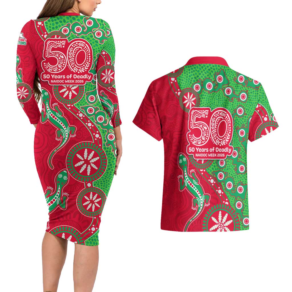 South Sydney Rabbitohs NAIDOC Week 2026 Couples Matching Long Sleeve Bodycon Dress and Hawaiian Shirt Aboriginal Lizard Dot Painting - 50 Years of Deadly