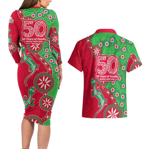 South Sydney Rabbitohs NAIDOC Week 2026 Couples Matching Long Sleeve Bodycon Dress and Hawaiian Shirt Aboriginal Lizard Dot Painting - 50 Years of Deadly
