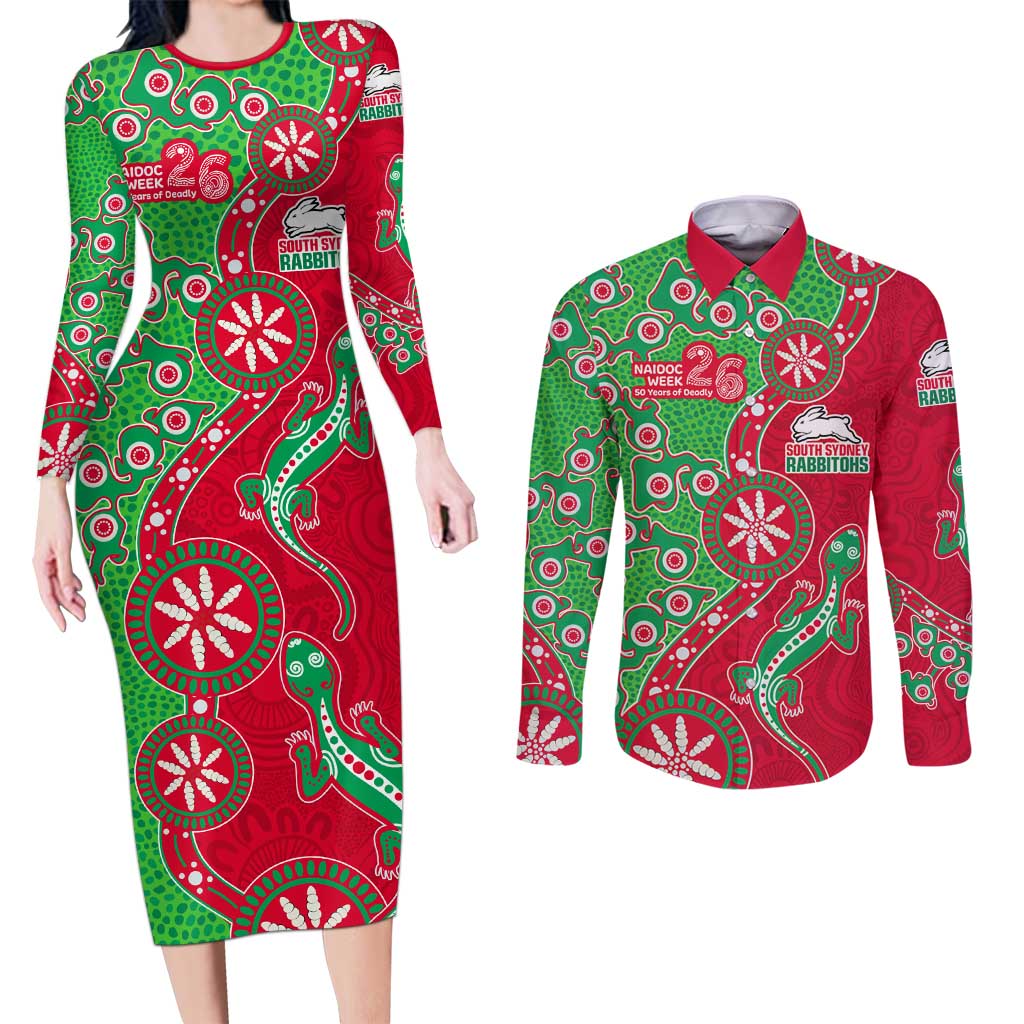 South Sydney Rabbitohs NAIDOC Week 2026 Couples Matching Long Sleeve Bodycon Dress and Long Sleeve Button Shirt Aboriginal Lizard Dot Painting - 50 Years of Deadly
