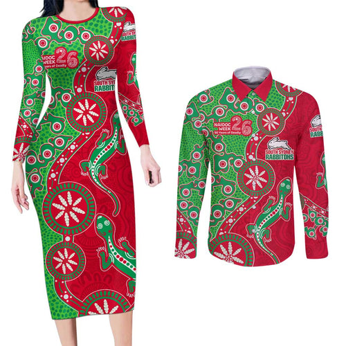 South Sydney Rabbitohs NAIDOC Week 2026 Couples Matching Long Sleeve Bodycon Dress and Long Sleeve Button Shirt Aboriginal Lizard Dot Painting - 50 Years of Deadly