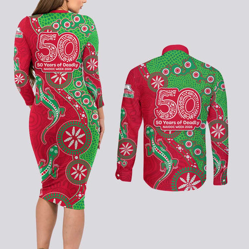 South Sydney Rabbitohs NAIDOC Week 2026 Couples Matching Long Sleeve Bodycon Dress and Long Sleeve Button Shirt Aboriginal Lizard Dot Painting - 50 Years of Deadly