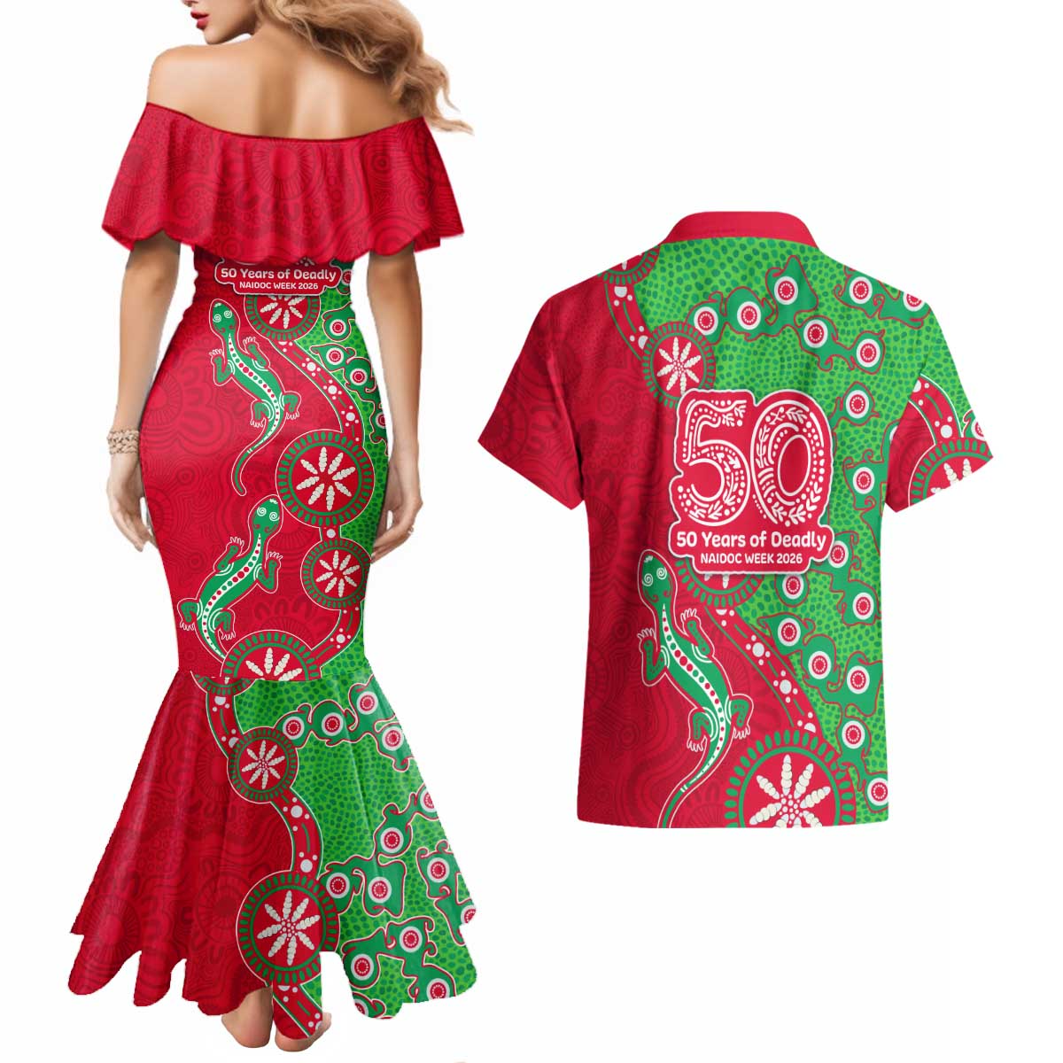 South Sydney Rabbitohs NAIDOC Week 2026 Couples Matching Mermaid Dress and Hawaiian Shirt Aboriginal Lizard Dot Painting - 50 Years of Deadly