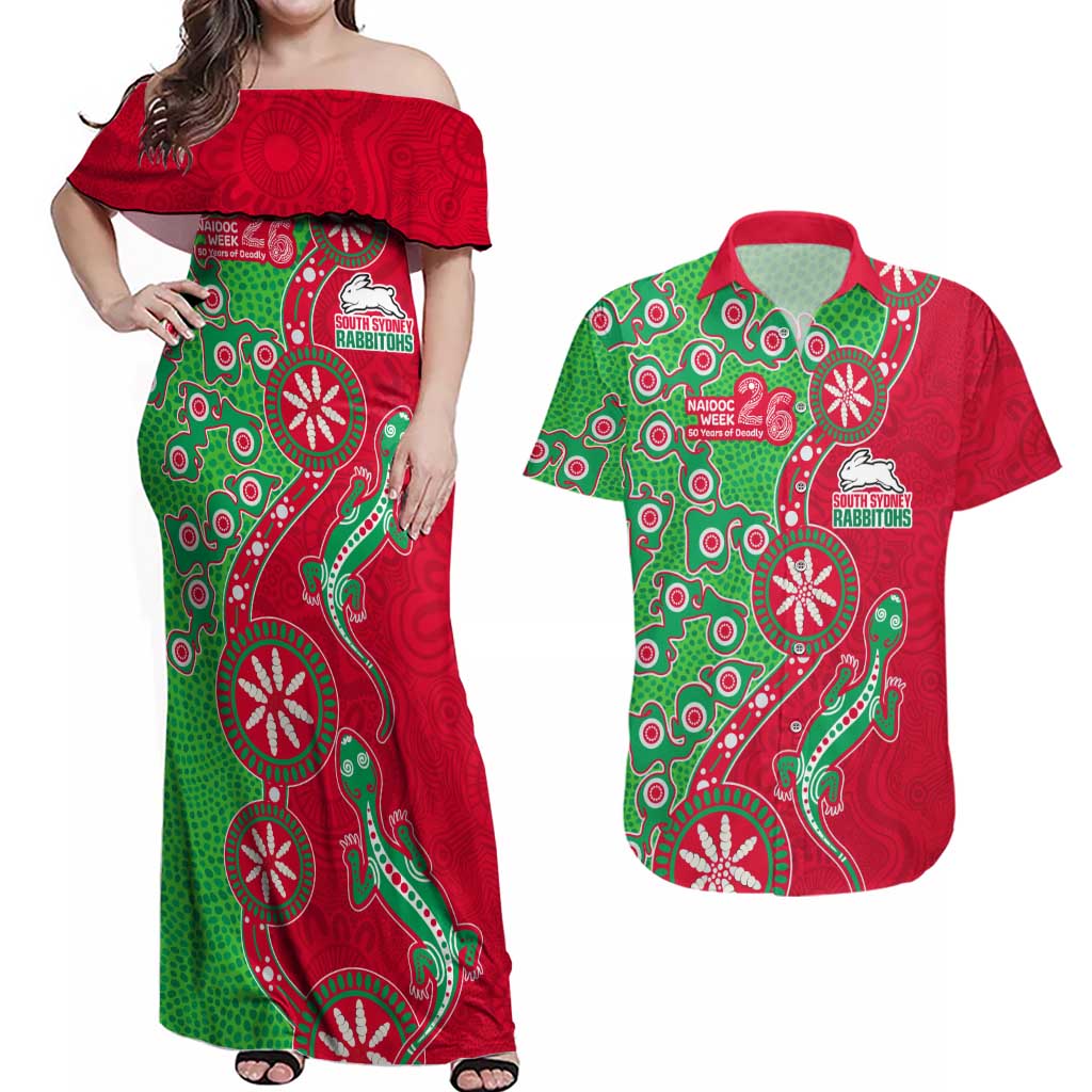 South Sydney Rabbitohs NAIDOC Week 2026 Couples Matching Off Shoulder Maxi Dress and Hawaiian Shirt Aboriginal Lizard Dot Painting - 50 Years of Deadly
