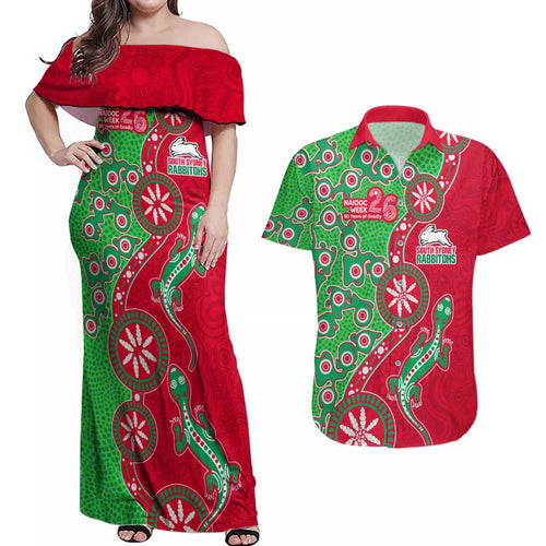 South Sydney Rabbitohs NAIDOC Week 2026 Couples Matching Off Shoulder Maxi Dress and Hawaiian Shirt Aboriginal Lizard Dot Painting - 50 Years of Deadly