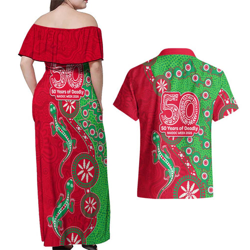 South Sydney Rabbitohs NAIDOC Week 2026 Couples Matching Off Shoulder Maxi Dress and Hawaiian Shirt Aboriginal Lizard Dot Painting - 50 Years of Deadly