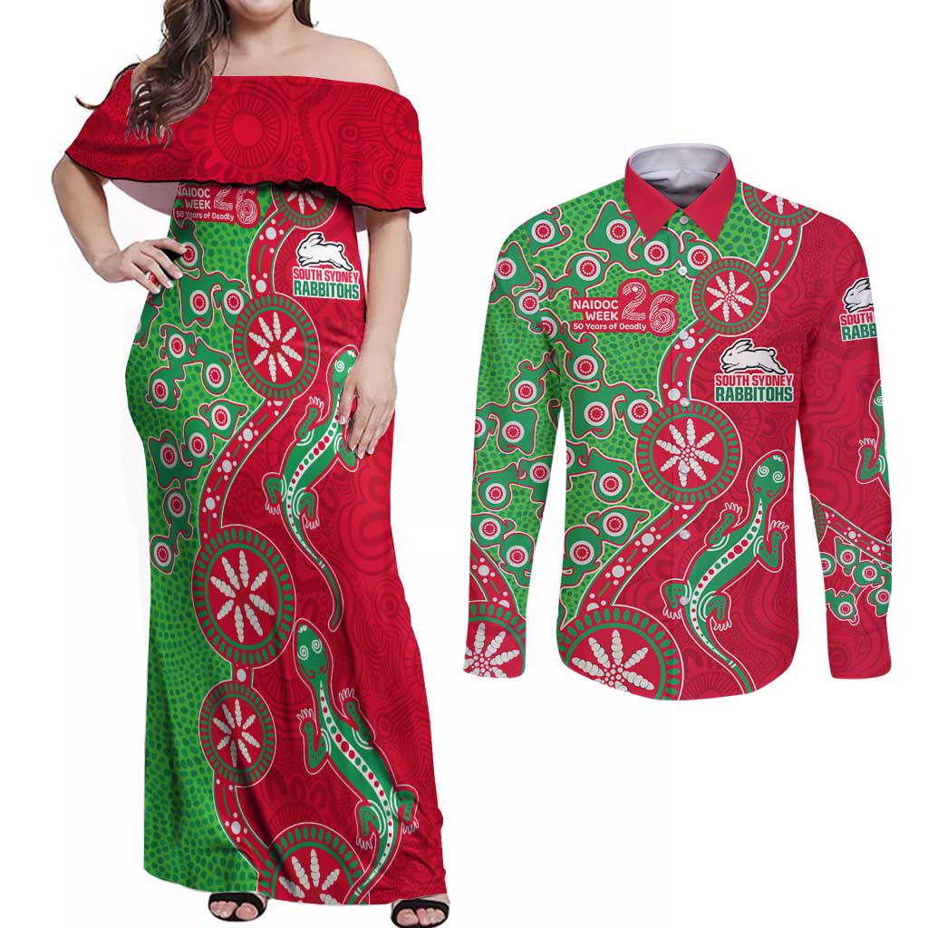 South Sydney Rabbitohs NAIDOC Week 2026 Couples Matching Off Shoulder Maxi Dress and Long Sleeve Button Shirt Aboriginal Lizard Dot Painting - 50 Years of Deadly