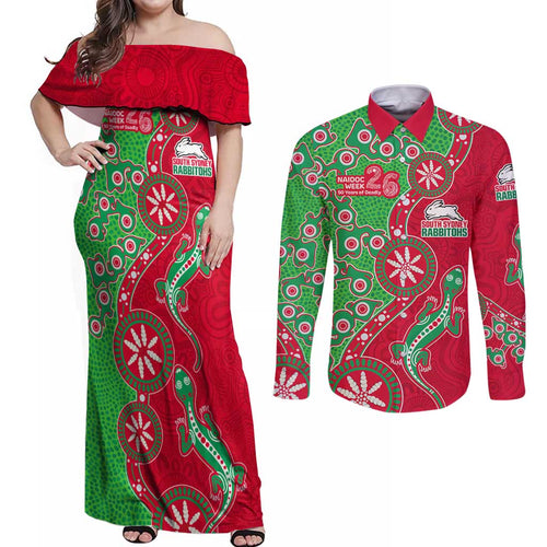 South Sydney Rabbitohs NAIDOC Week 2026 Couples Matching Off Shoulder Maxi Dress and Long Sleeve Button Shirt Aboriginal Lizard Dot Painting - 50 Years of Deadly