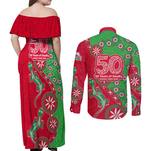 South Sydney Rabbitohs NAIDOC Week 2026 Couples Matching Off Shoulder Maxi Dress and Long Sleeve Button Shirt Aboriginal Lizard Dot Painting - 50 Years of Deadly
