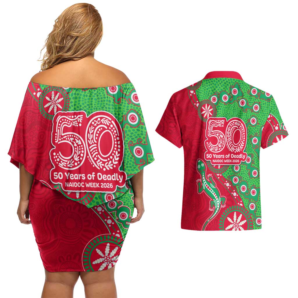 South Sydney Rabbitohs NAIDOC Week 2026 Couples Matching Off Shoulder Short Dress and Hawaiian Shirt Aboriginal Lizard Dot Painting - 50 Years of Deadly