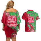 South Sydney Rabbitohs NAIDOC Week 2026 Couples Matching Off Shoulder Short Dress and Hawaiian Shirt Aboriginal Lizard Dot Painting - 50 Years of Deadly