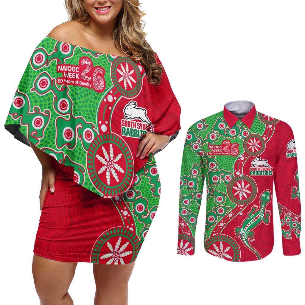 South Sydney Rabbitohs NAIDOC Week 2026 Couples Matching Off Shoulder Short Dress and Long Sleeve Button Shirt Aboriginal Lizard Dot Painting - 50 Years of Deadly
