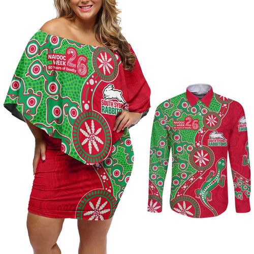 South Sydney Rabbitohs NAIDOC Week 2026 Couples Matching Off Shoulder Short Dress and Long Sleeve Button Shirt Aboriginal Lizard Dot Painting - 50 Years of Deadly