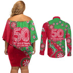South Sydney Rabbitohs NAIDOC Week 2026 Couples Matching Off Shoulder Short Dress and Long Sleeve Button Shirt Aboriginal Lizard Dot Painting - 50 Years of Deadly