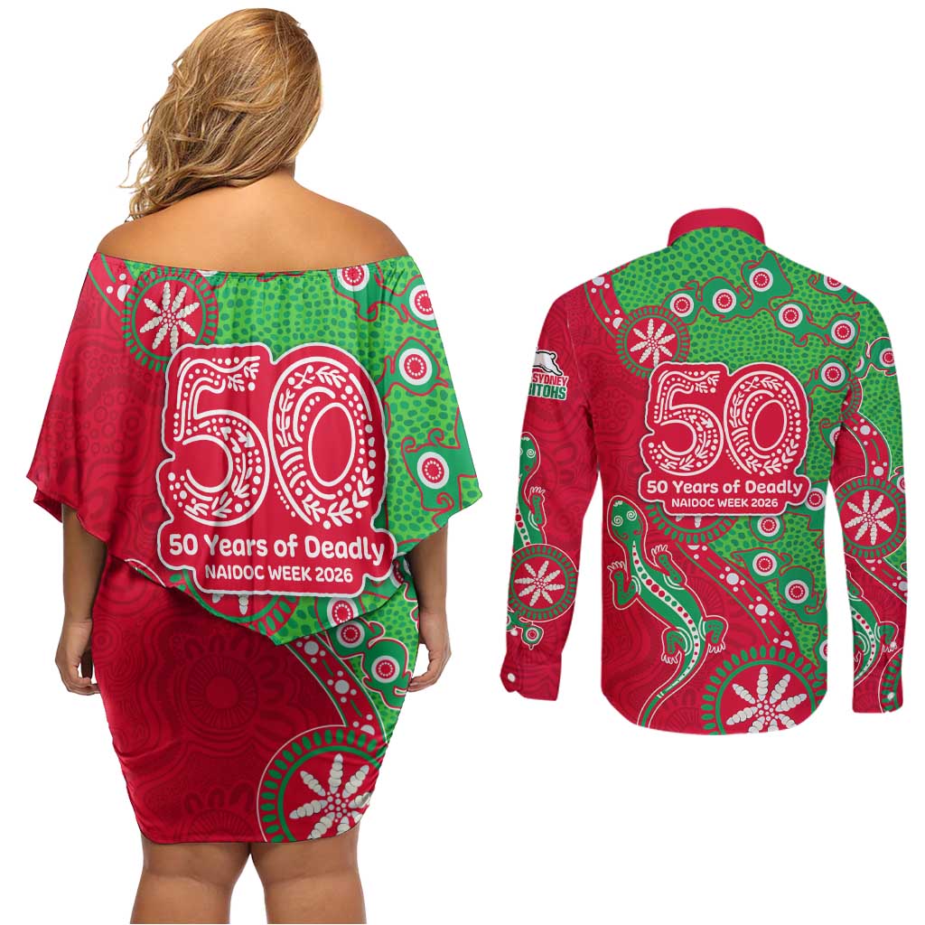 South Sydney Rabbitohs NAIDOC Week 2026 Couples Matching Off Shoulder Short Dress and Long Sleeve Button Shirt Aboriginal Lizard Dot Painting - 50 Years of Deadly