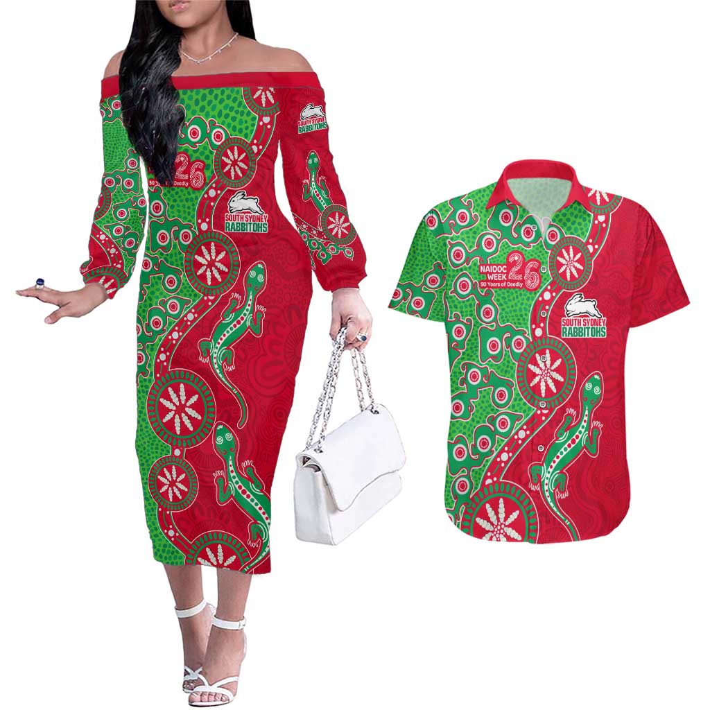 South Sydney Rabbitohs NAIDOC Week 2026 Couples Matching Off The Shoulder Long Sleeve Dress and Hawaiian Shirt Aboriginal Lizard Dot Painting - 50 Years of Deadly