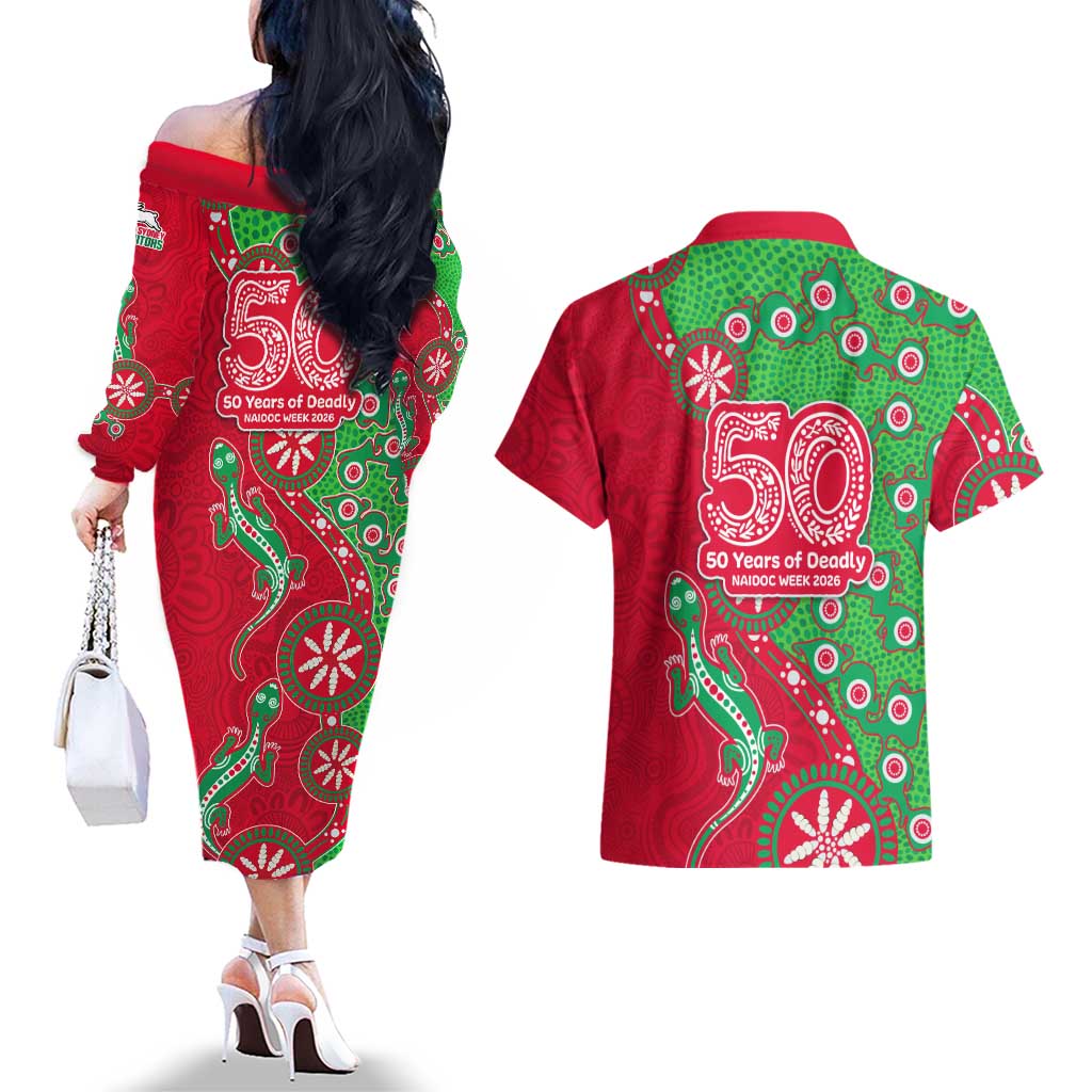 South Sydney Rabbitohs NAIDOC Week 2026 Couples Matching Off The Shoulder Long Sleeve Dress and Hawaiian Shirt Aboriginal Lizard Dot Painting - 50 Years of Deadly
